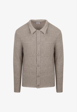 Lichtbruine gebreide cardigan met een kraag, sluiting met zes knopen en twee borstzakken. Zachte textuur en casual ontwerp.