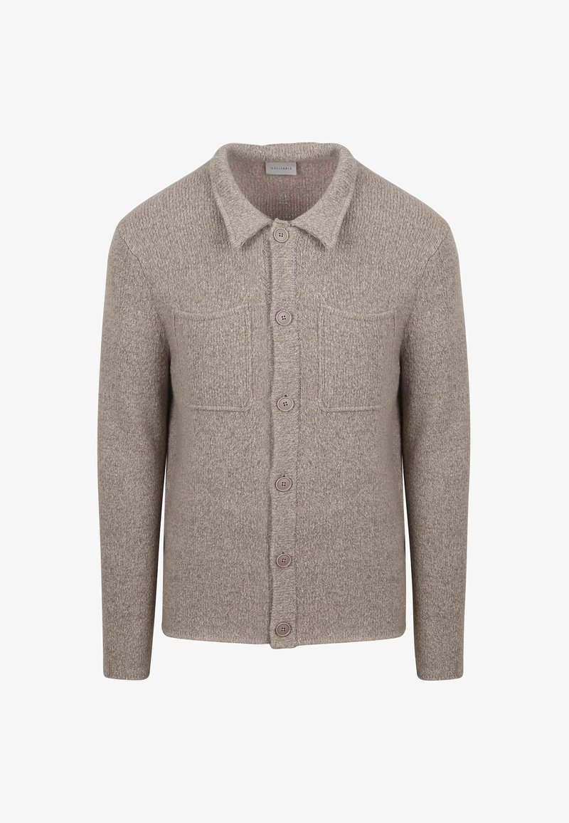 Lichtbruine gebreide cardigan met een kraag, sluiting met zes knopen en twee borstzakken. Zachte textuur en casual ontwerp.