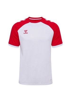 Herrs atletiska T-shirt med vit kropp och röda raglanärm. Har rund hals, andningsbart tyg och en liten logotyp på bröstet.