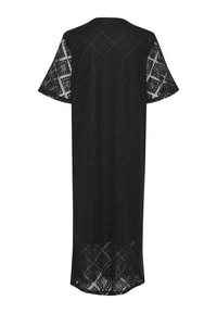 Black lace dress with short sleeves, featuring a geometric pattern and a loose fit. The design is floor-length with a sheer texture.