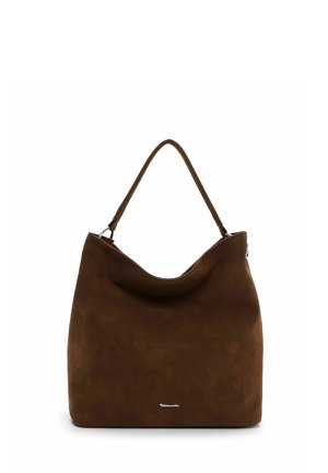 Braune Leder-Schultertasche mit einem einzelnen Riemen, schlichtem Design und kleinem silbernem Logodetail unten in der Mitte.