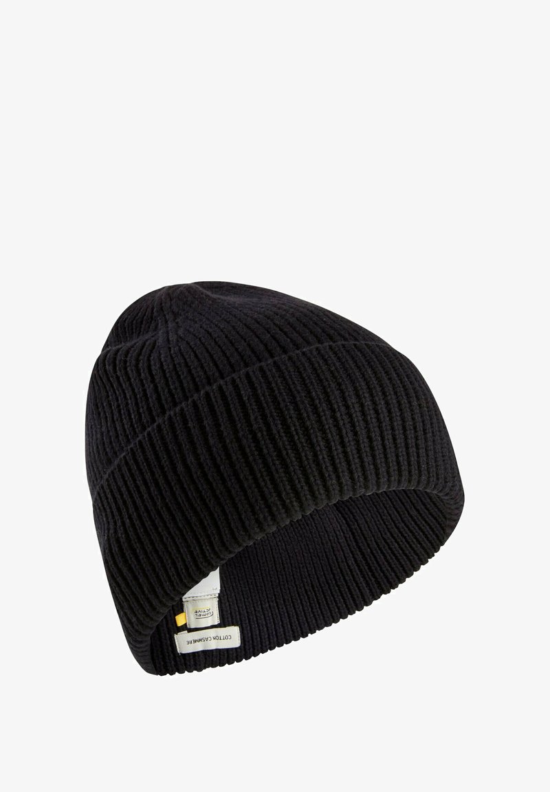 Black knitted beanie made of cotton, featuring a ribbed texture and a folded cuff. Includes a small woven label with brand details.