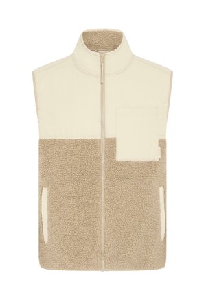 Gilet in pile beige con colletto alto, dotato di zip frontale, tasca a toppa e morbido tessuto testurizzato in tonalità crema a contrasto.