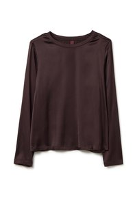 Blusa de satén de manga larga color marrón oscuro con cuello redondo y dobladillo simple, exhibida de forma plana sobre fondo blanco.