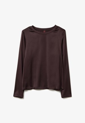 Dark brown long-sleeve satin blouse with round neck and simple hem, displayed flat on white background.