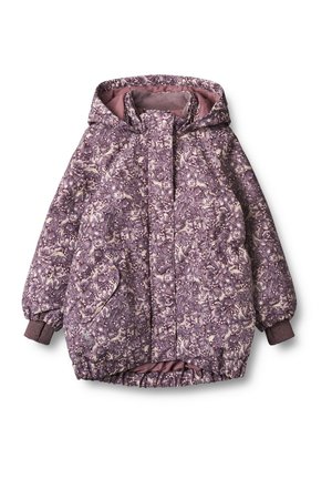 Giubbotto imbottito con stampa floreale viola, dotato di cappuccio, zip frontale, tasche laterali e polsini a coste. Foderato con tessuto rosa all'interno.