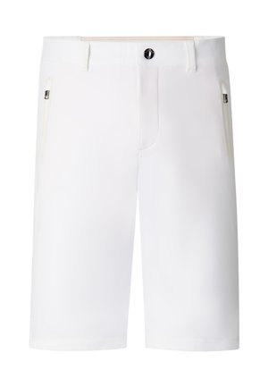 Shorts blancs mi-genoux avec passants pour ceinture, fermeture à boutons sur le devant, et poches latérales zippées.