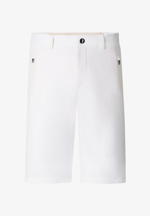 Witte shorts tot op de knie met riemlussen, sluiting aan de voorkant met knoppen en zijzakken met rits.