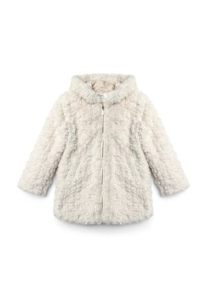 Cappotto in pelliccia sintetica bianca con una texture soffice, chiusura con zip e cappuccio. Presenta una vestibilità rilassata e maniche a tre quarti.