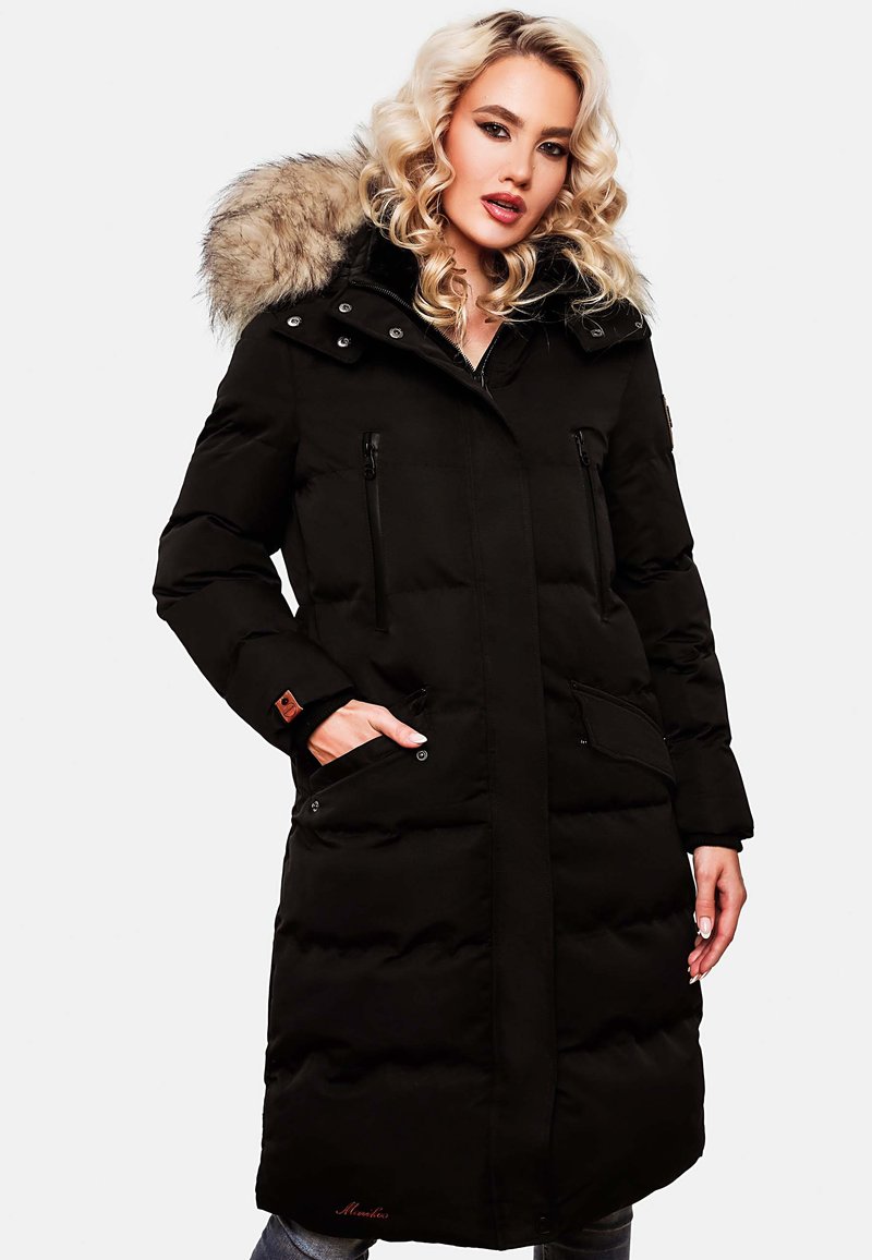 Black puffer coat with a faux fur-lined hood, zippered and snap pockets, quilted texture, and a feminine silhouette with branding at the hem.