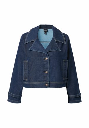 Dunkelblaue, verkürzte Jeansjacke mit großem Kragen, Knopfverschluss, zwei Vordertaschen und kontrastierenden Nähten.