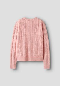 Rosa gestrickter Pullover mit strukturiertem Zopfmuster, gerippten Bündchen und Saum sowie rundem Ausschnitt, von hinten präsentiert.