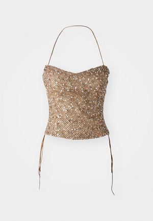 Braided strapless top in gold, featuring a textured, sequined surface and waist ties for adjustable fit. Smooth, fitted silhouette.