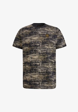 Koszulka z krótkim rękawem w ciemnoniebieskim kolorze z teksturowanym beżowym wzorem. Posiada małe żółte logo na piersi. Wykonana z lekkiego materiału.