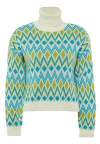 Coltrui in crème met een geometrisch patroon van turquoise en groene diamanten. Gemaakt van gebreide stof met geribbelde mouwen.