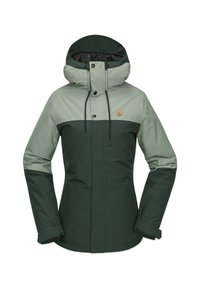 Grüne und hellgrüne wasserdichte Jacke mit tailliertem Design, verstellbarer Kapuze und Druckknöpfen. Verfügt über kontrastierende obere und untere Abschnitte.