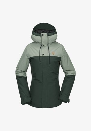 Groene en lichtgroene waterdichte jas met een getailleerd ontwerp, verstelbare capuchon en drukknoopsluitingen. Beschikt over contrasterende boven- en ondersecties.