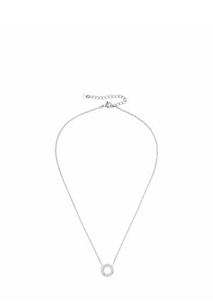 Collier chaîne en argent avec un petit pendentif circulaire composé de pierres claires et étincelantes et un fermoir ajustable.
