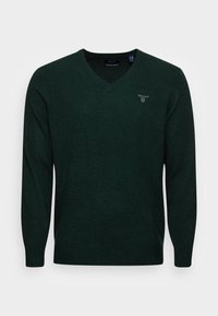 Pull vert en V en tissu tricot doux. Présente des manches longues et un petit logo sur la poitrine. Texture lisse et coupe ajustée.