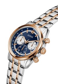 Orologio cronografo con quadrante blu navy, dettagli in oro rosa e bracciale in metallo bicolore. Presenta tre sottodial e una scala tachimetrica.