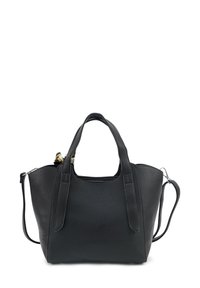 Zwarte leren handtas met een gestructureerde buitenkant, dubbele handvatten bovenaan en een afneembare schouderband. Ritsluiting bij het hoofdcompartiment.