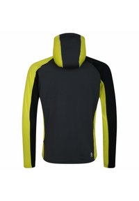 Schwarze und neongelbe Langarmjacke mit Kapuze, die kontrastierende Farbtafeln und eine glatte, dehnbare Stofftextur aufweist.