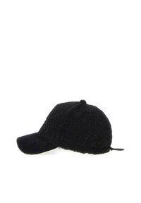 Cappello nero realizzato in pile testurizzato con visiera curva, dotato di una sezione in velluto a coste sul davanti e una piccola cinghia regolabile sul retro.