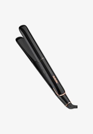 Fer à lisser noir élégant avec des accents en or rose et marquage BaByliss, montré partiellement ouvert sur un fond blanc.