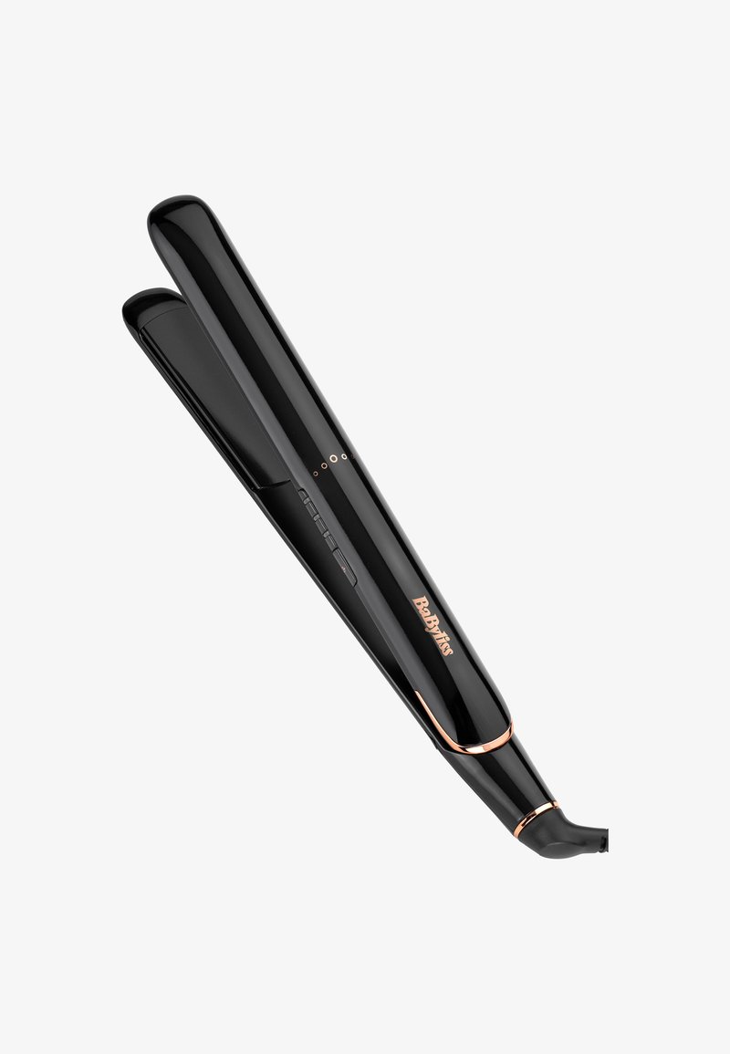 Planchas de pelo negras y elegantes con detalles en oro rosa y marca BaByliss, mostradas parcialmente abiertas sobre un fondo blanco.