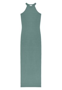 Rochie lungă fără mâneci din material cu nervuri, de culoare teal estompată, cu decolteu halter înalt și siluetă ajustată.