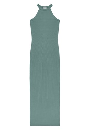 Rochie lungă fără mâneci din material cu nervuri, de culoare teal estompată, cu decolteu halter înalt și siluetă ajustată.