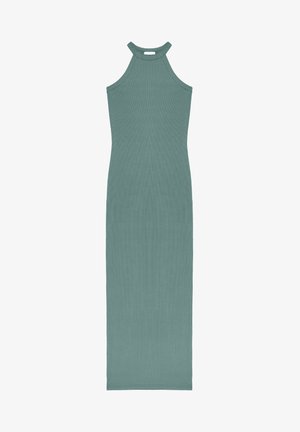 Sleeveless long ribbed dress in muted teal with a high halter neckline and close-fitting silhouette.