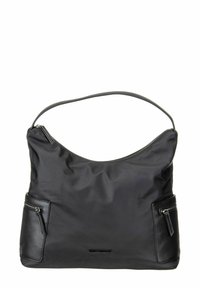Sac d'épaule noir en nylon lisse avec des accents en cuir. Il présente un design souple, deux poches zippées et une seule bandoulière.