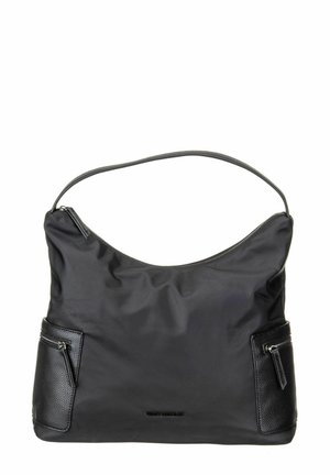 Sac d'épaule noir en nylon lisse avec des accents en cuir. Il présente un design souple, deux poches zippées et une seule bandoulière.