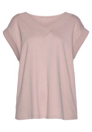 Hellrosa Kurzarmoberteil mit V-Ausschnitt und gerippten Akzenten. Glatte Textur, lockere Passform und einfache Naht am Saum.