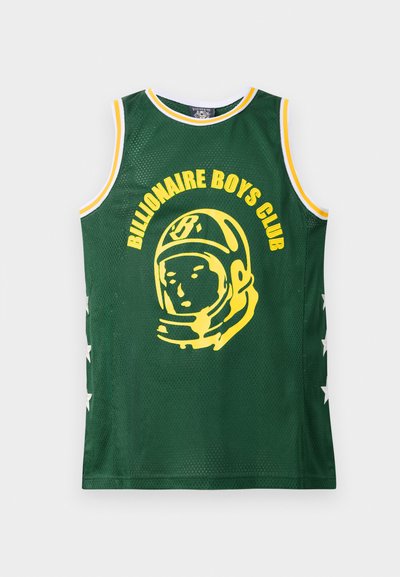 Zielony bezrękawnik z żółtym napisem "Billionaire Boys Club" i grafiką astronauty. Materiał siatkowy z białymi akcentami gwiazdkowymi po bokach.