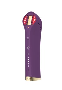 Purple and gold handheld skincare device with an angled tip, multiple lights, power button, and adjustable settings indicators.