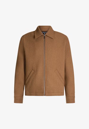 Braune Wollmischungjacke mit geradem Schnitt, spitzem Kragen, Frontreißverschluss und zwei seitlichen Taschen. Glatte Textur ohne Muster oder Verzierungen.