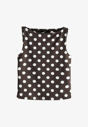 Sleeveless brown top with large white polka dots and a round neckline.