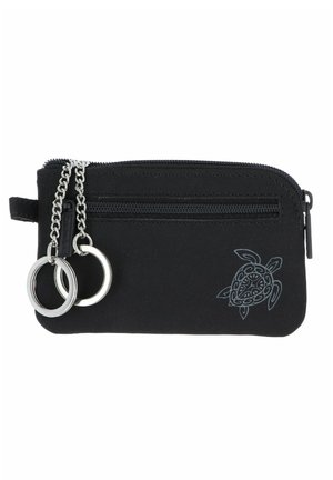 Black zippered pouch with two metal key rings on chains and a turtle design on the lower right corner.