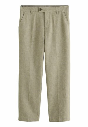 Herrenhose in hellbraun, maßgeschneidert, mit Knopfverschluss, Gürtelschlaufen und Seitentaschen, aus strukturiertem Stoff.