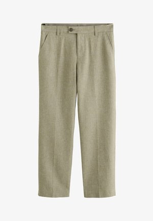 Pantalon pour homme marron clair, ajusté, avec fermeture à boutons, passants pour ceinture, et poches latérales, en tissu texturé.