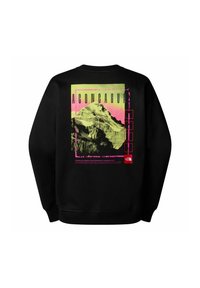 Sudadera negra con un gráfico de la montaña Aconcagua en verde y rosa, con detalles de texto. Puños y dobladillo acanalados, textura de tejido suave.
