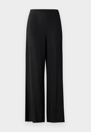 Black, wide-leg trousers made of smooth fabric, featuring a high waistband and no visible pockets or hardware. Floor-length design.