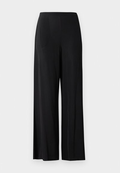 Pantaloni neri a gamba larga realizzati in tessuto morbido, con vita alta e senza tasche o hardware visibili. Design lungo fino al pavimento.
