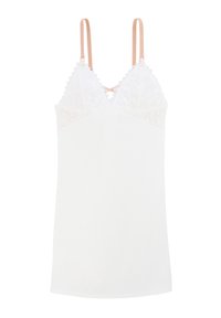 Robe slip blanche avec des détails en dentelle sur le haut, avec de fines bretelles beiges et une forme légèrement évasée. Texture du tissu lisse.