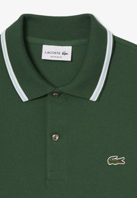 Polo shirt verde scuro con tessuto texturizzato, cappotto a due bottoni e dettagli del colletto a strisce blu chiaro. Presenta un piccolo logo ricamato.