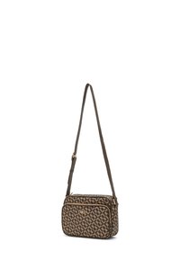 Borsa a tracolla marrone con motivo, dotata di tracolla regolabile, scomparto principale con cerniera e dettagli in metallo color oro.