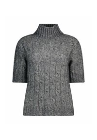 Maglione a maniche corte e collo alto in maglia grigia mélange, caratterizzato da un motivo a treccia testurizzato e scollatura a coste.