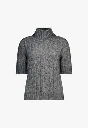 Maglione a maniche corte e collo alto in maglia grigia mélange, caratterizzato da un motivo a treccia testurizzato e scollatura a coste.